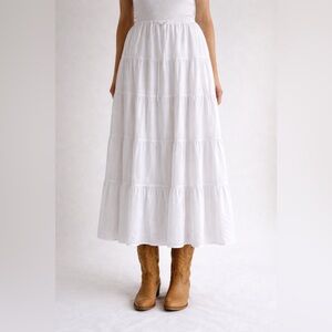 Coraline Constas White Prairie Tiered MaxiSkirt Linen Blend L Elastic Waist Boho